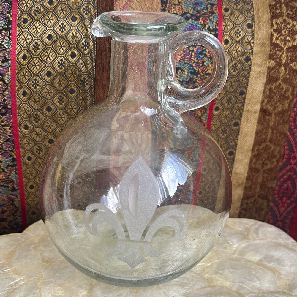 Unique Bubble Handblown Glass Pitcher with Fleur-de-Lis Design Vintage